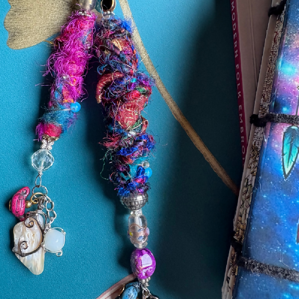 Boho beads with sari silk, handspun wool and charms by Leumesin Handmade