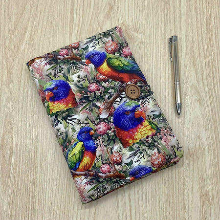 Australian birds lorikeets refillable A5 fabric notebook cover gift set - Incl. book and pen.