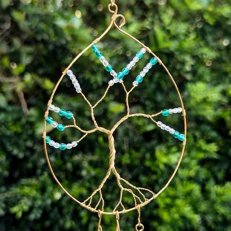 Delicate beaded suncatcher set | minimalist style | blue-green glass beads