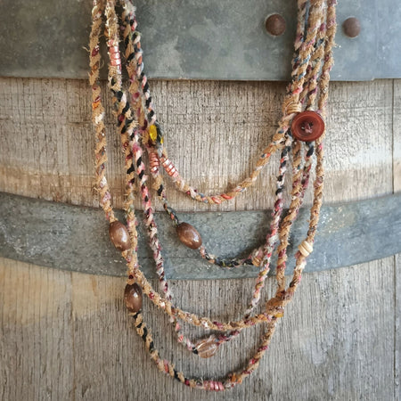 Extra Long Boho Necklace - upcycled fabric & beads - earthy