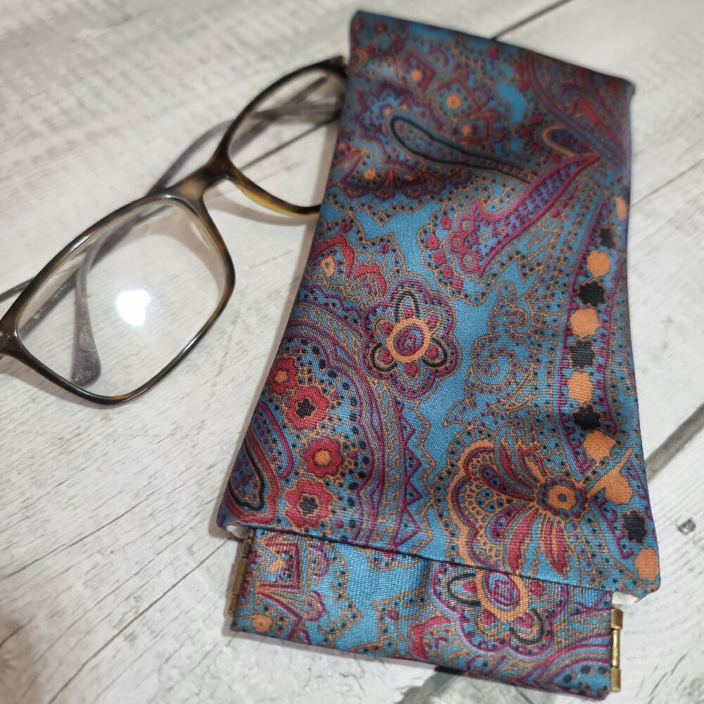 Flex frame glasses pouch, upcycled tie - teal, multicoloured paisley