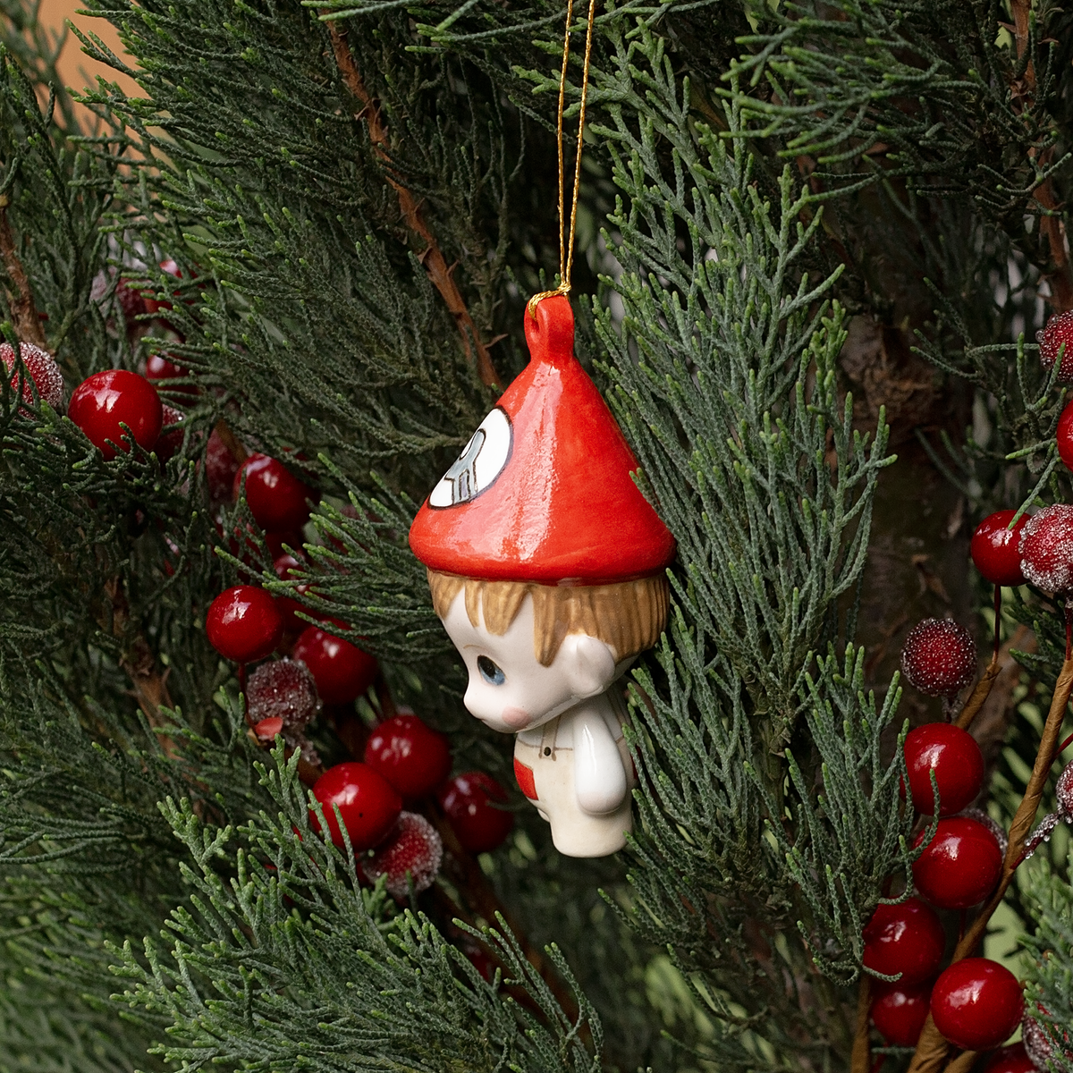 Handmade Porcelain Christmas ornament. One-of-a-kind. Henry, the Mechanical Engineer Elf.