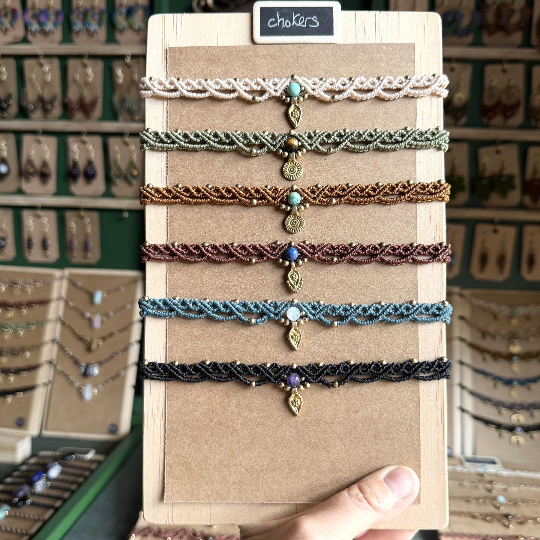 Micro Macrame Boho Choker with gemstone bead and brass charms