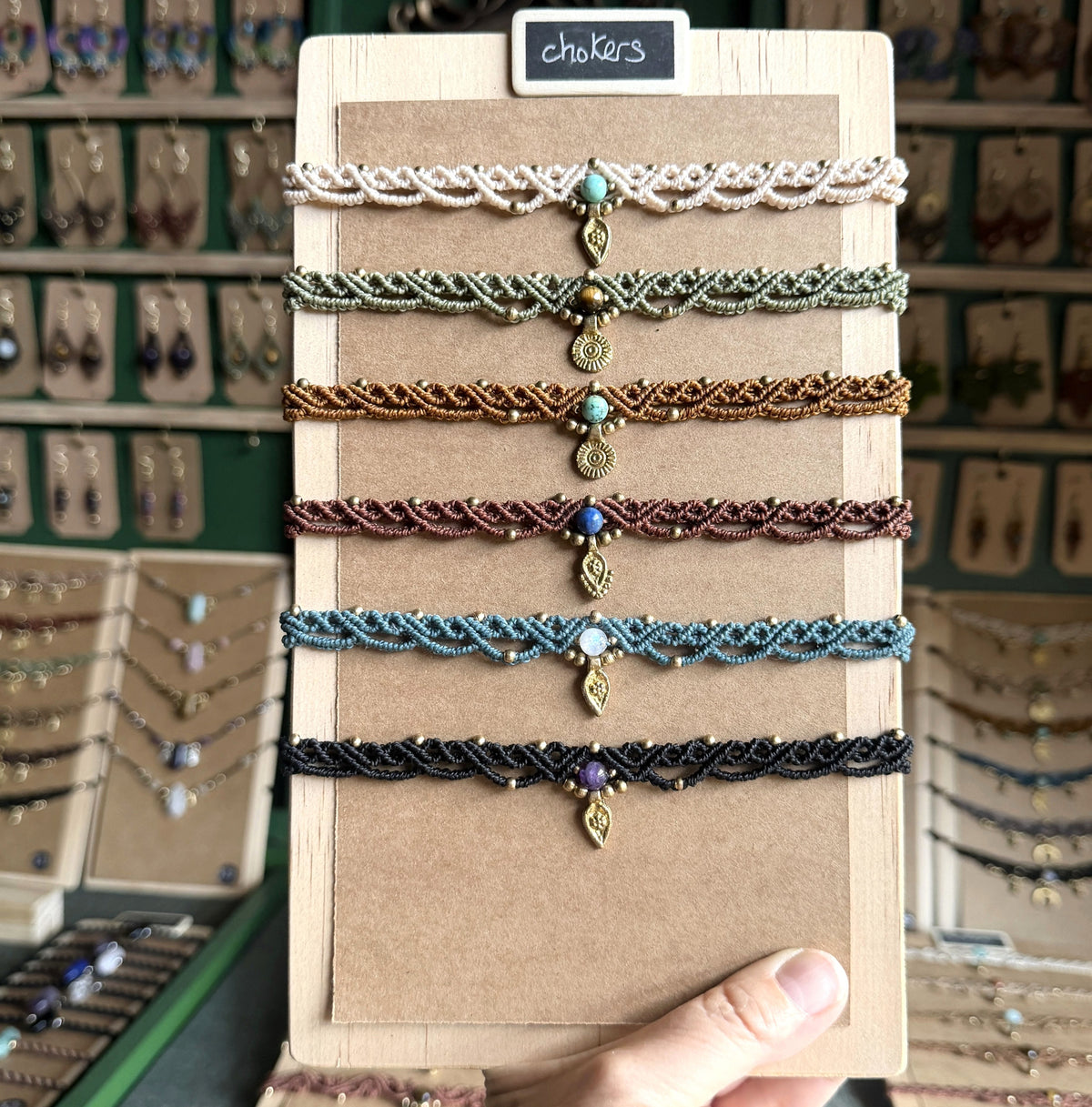 Micro Macrame Boho Choker with gemstone bead and brass charms