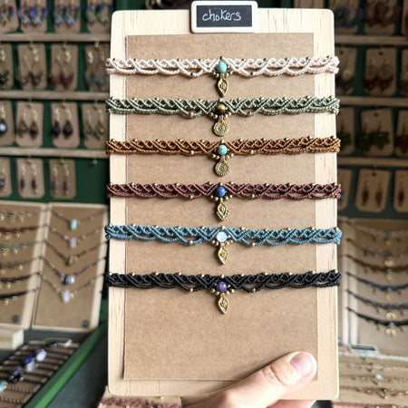 Micro Macrame Boho Choker with gemstone bead and brass charms