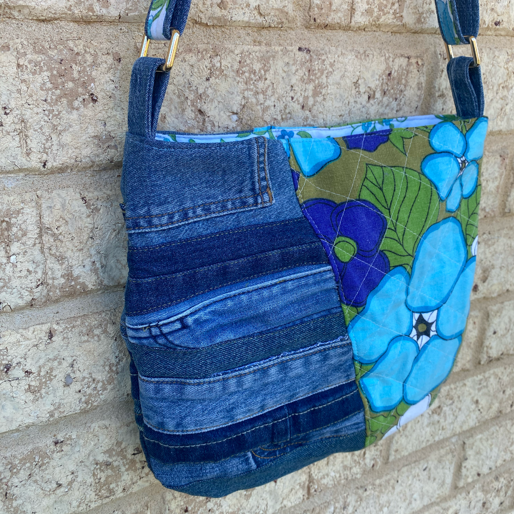 Handmade Shoulder Bag Upcycled Vintage Retro - Blue Bloom