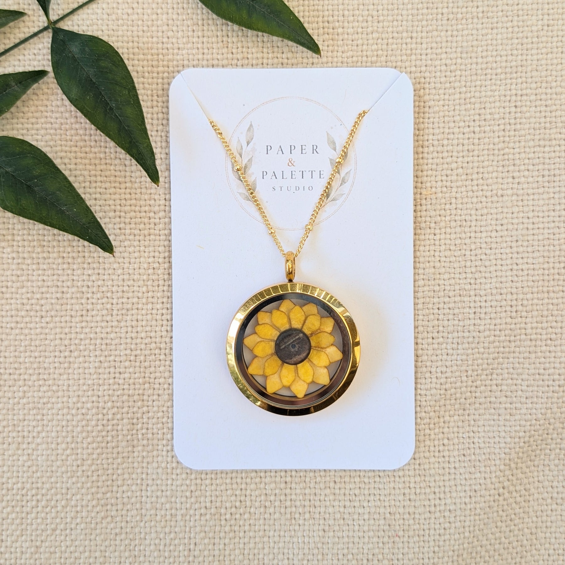 Sunflower Necklace | Handmade Paper Flower Floating Locket | Gold-Plated Chain