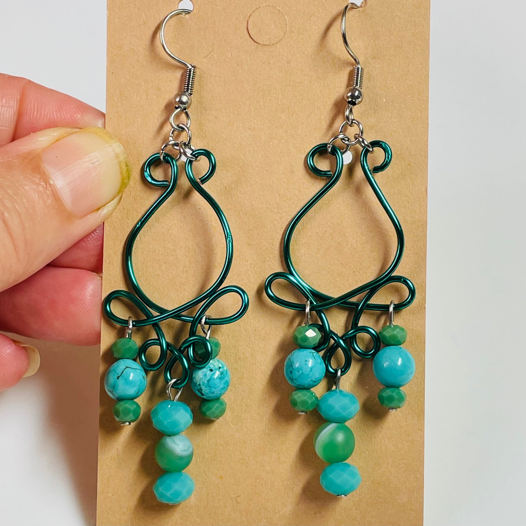 B's Rose Bud Green n Blue Wired Gemstone Earrings