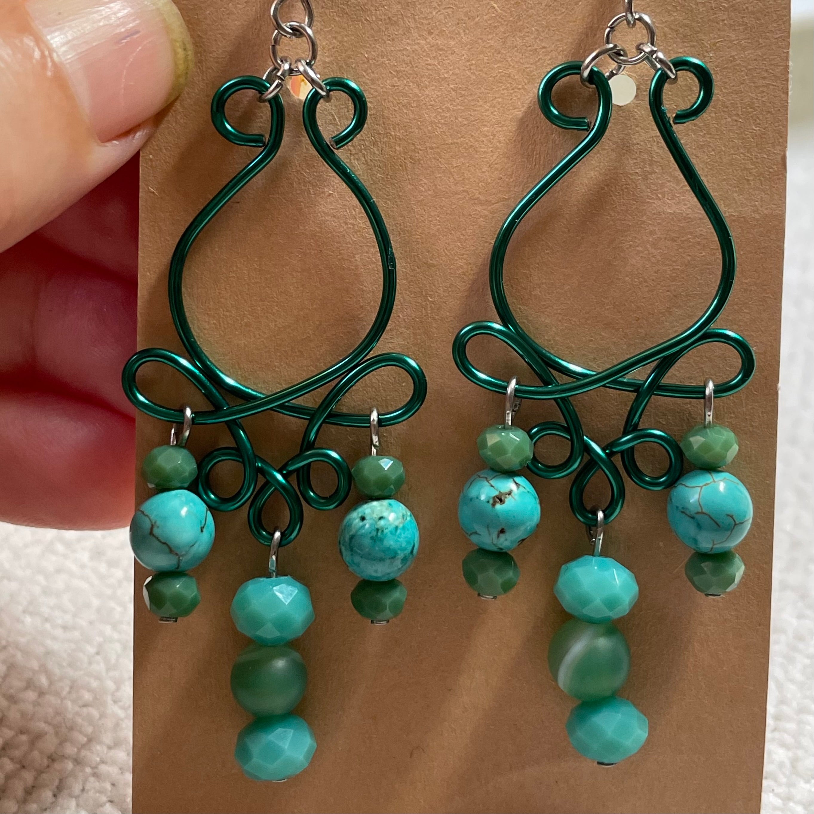 B's Rose Bud Green n Blue Wired Gemstone Earrings