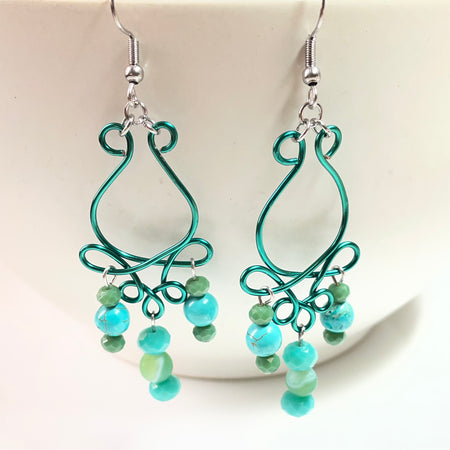 B's Rose Bud Green n Blue Wired Gemstone Earrings
