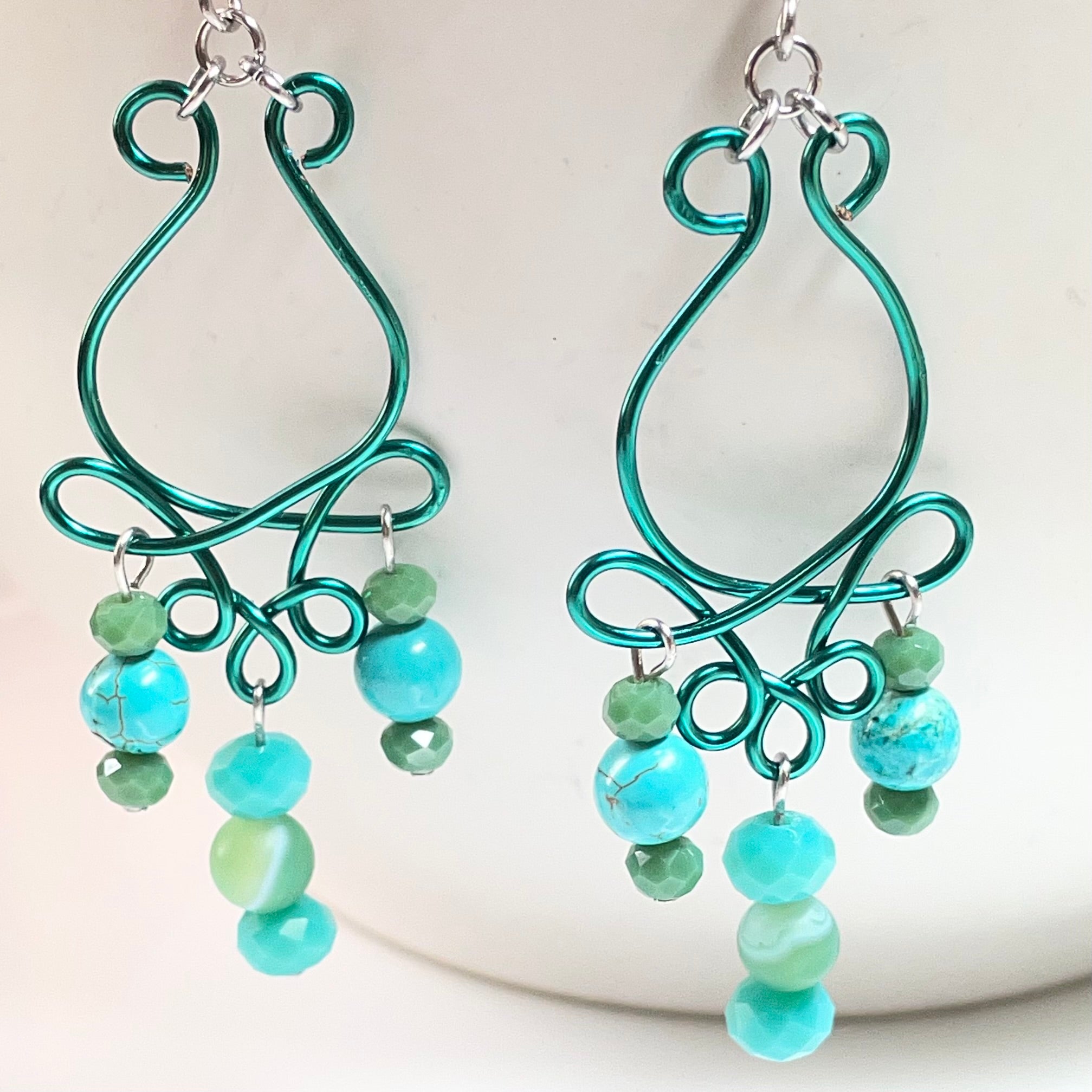 B's Rose Bud Green n Blue Wired Gemstone Earrings