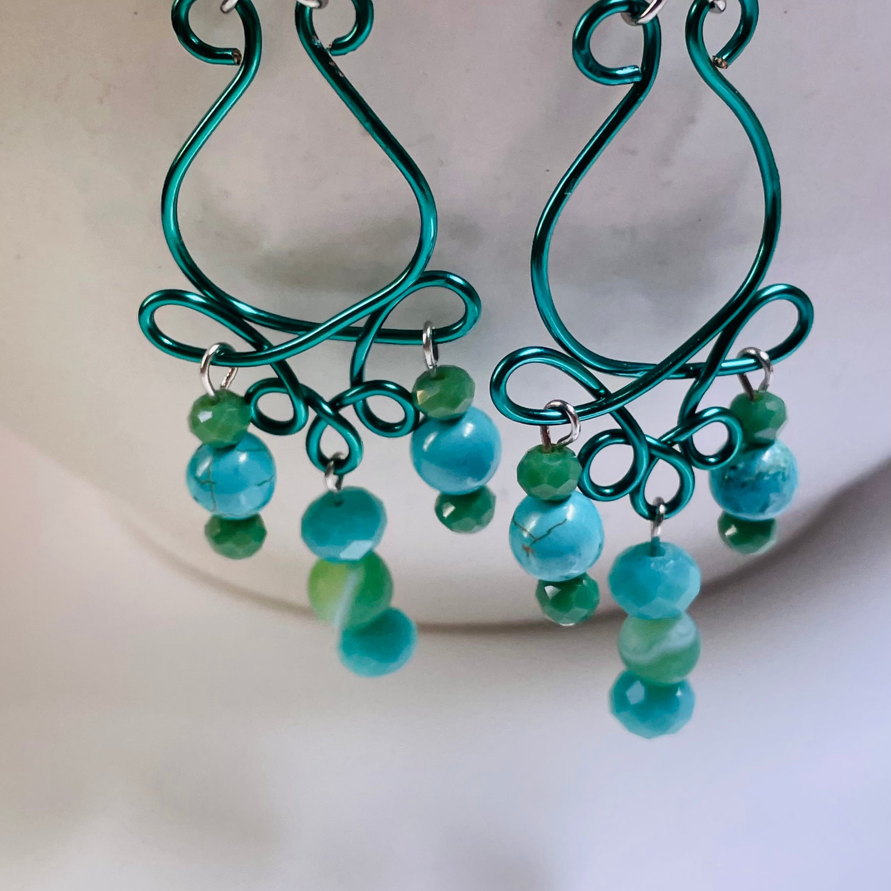 B's Rose Bud Green n Blue Wired Gemstone Earrings