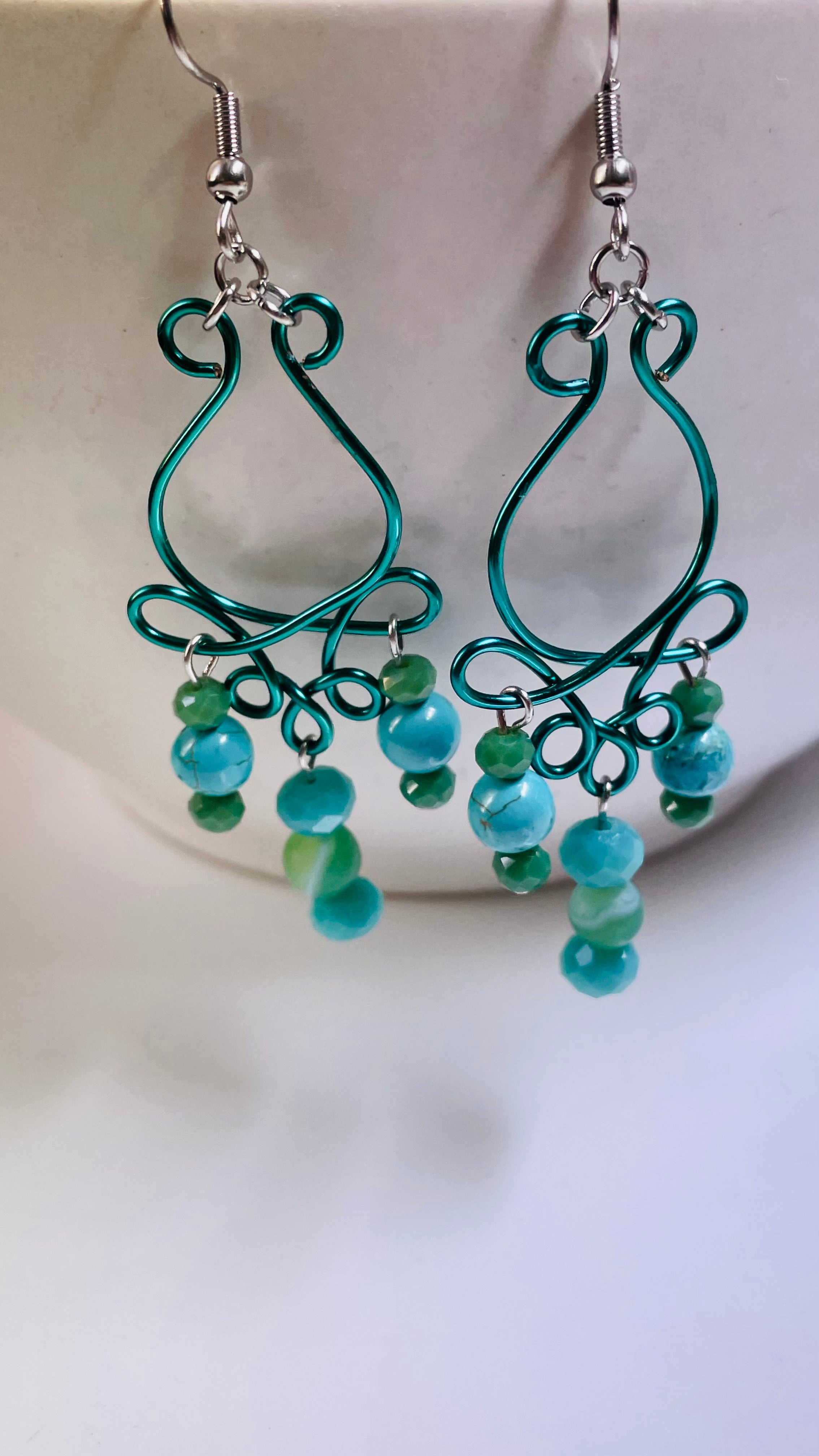 B's Rose Bud Green n Blue Wired Gemstone Earrings