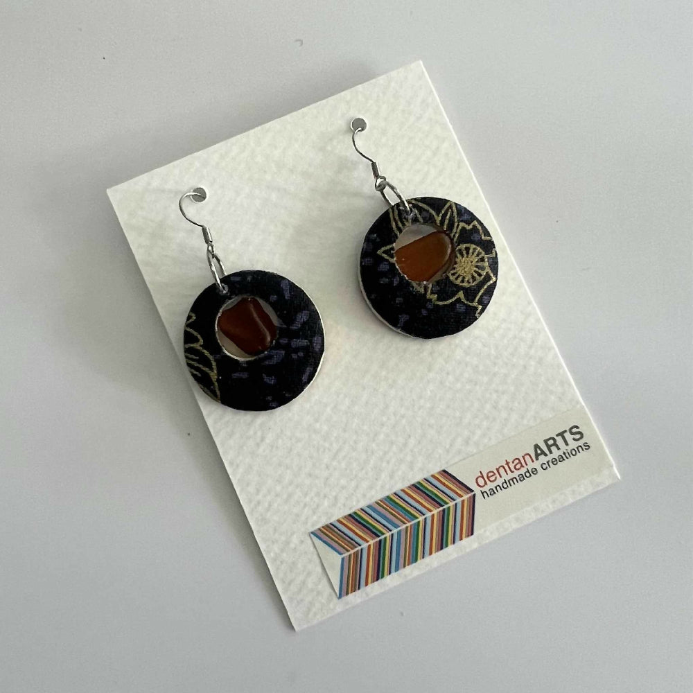 Hikari Woodglass Jewelry Series : Japanese Fabric Wooden Earrings with Sea Glass (Small for Elegance)