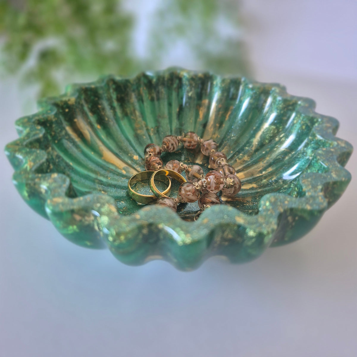 Green and Gold Resin Fluted Trinket Bowl