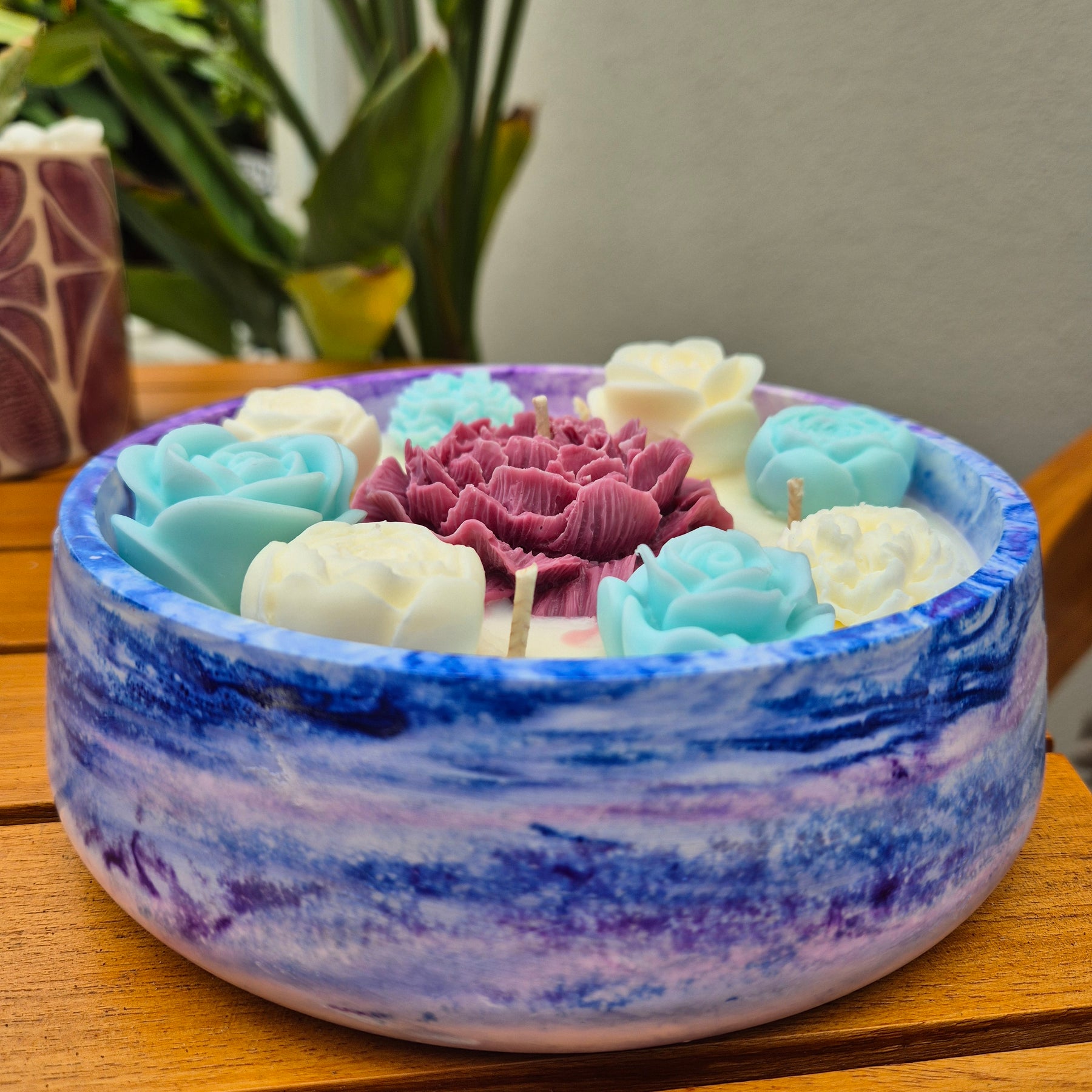 Large soy wax concrete bowl candle with burgundy peony and roses