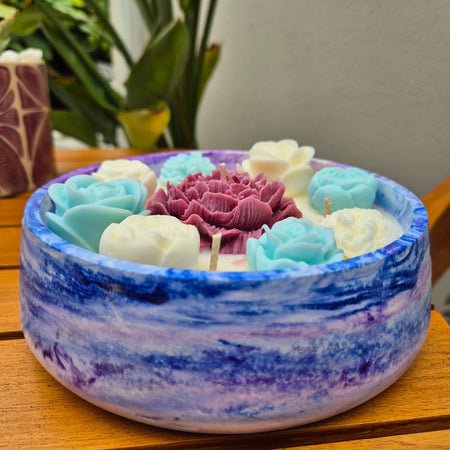 Large concrete bowl candle with burgundy soy wax peony and roses
