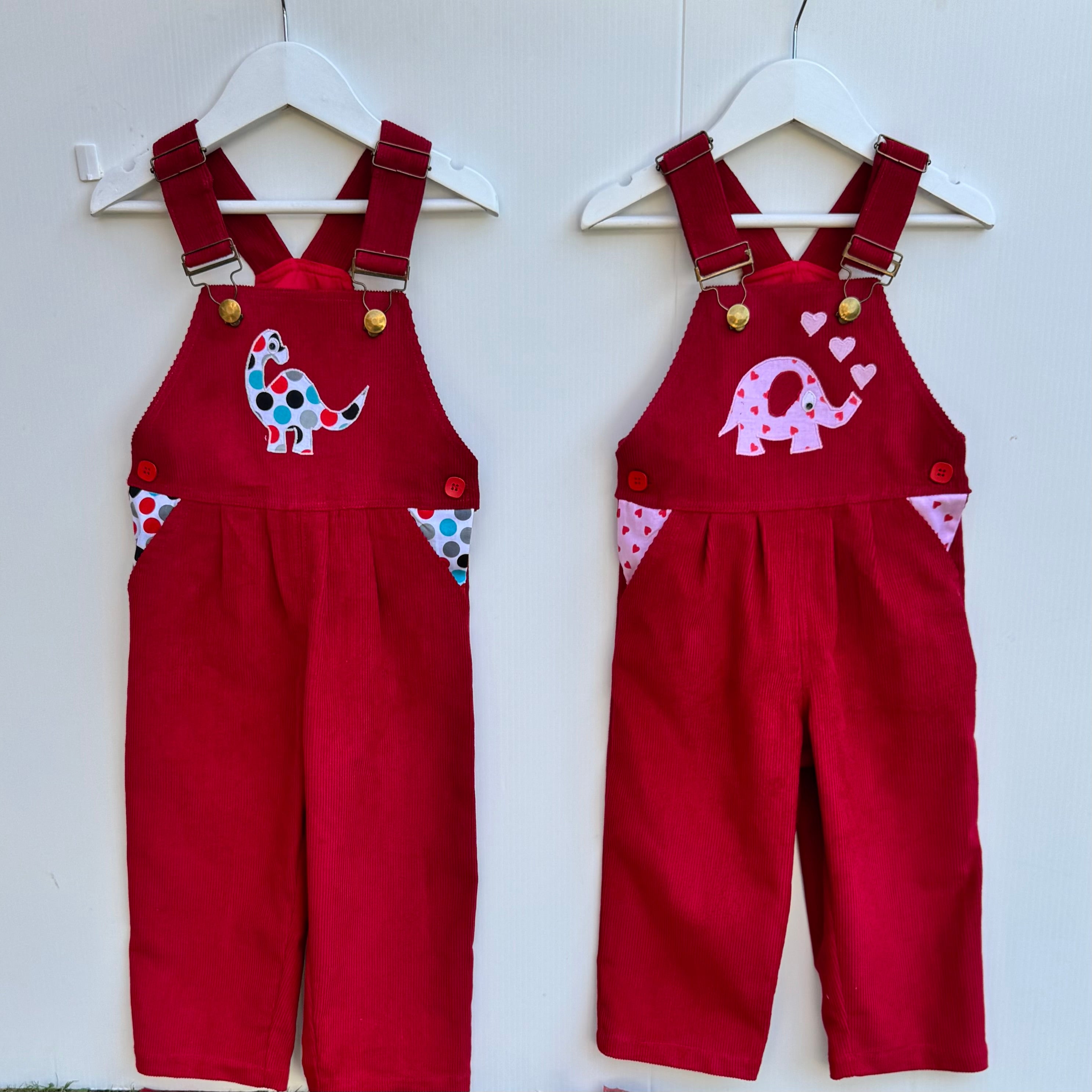 Dinosaur and Elephant Cord Buckle Overalls