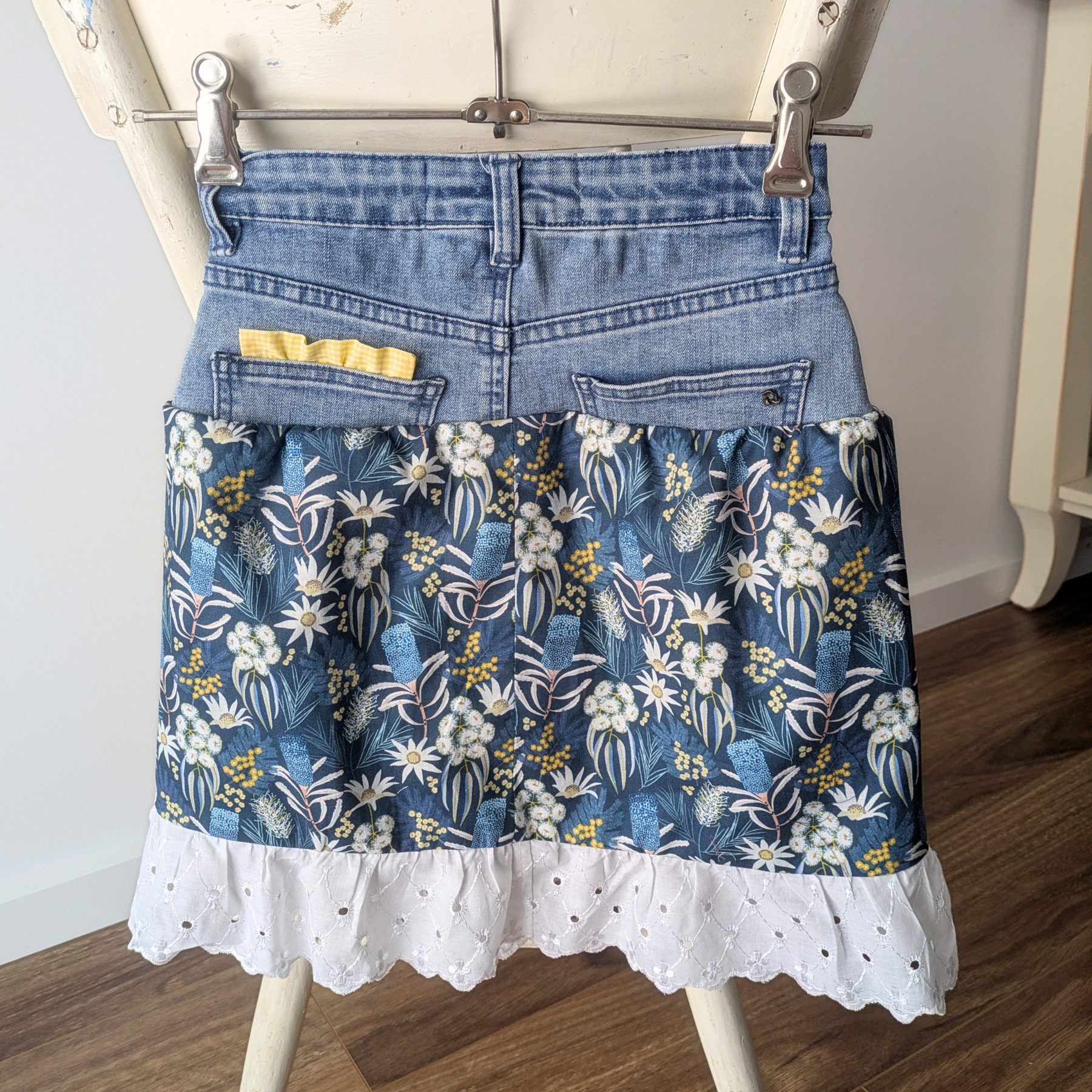 Girls Skirt Upcycled Denim Flannel Flower Size 8