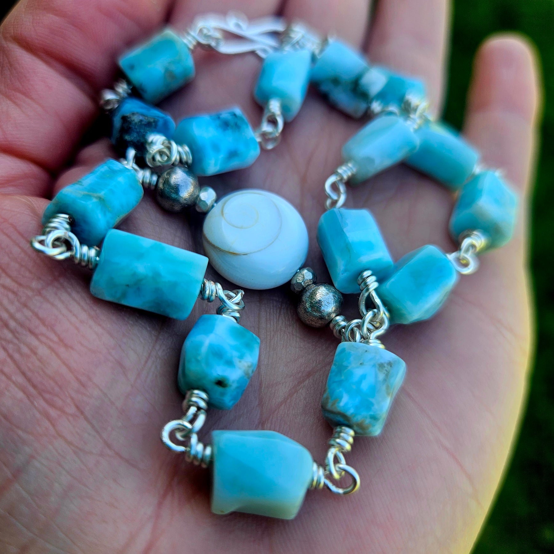 Handcrafted Larimar, Thai Silver and catseye Gemstone Necklace
