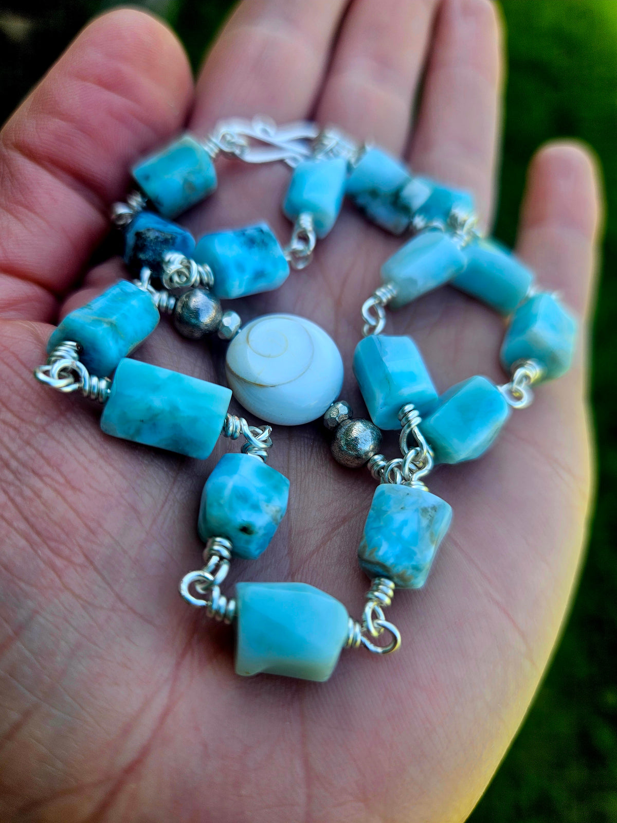 Handcrafted Larimar, Thai Silver and catseye Gemstone Necklace