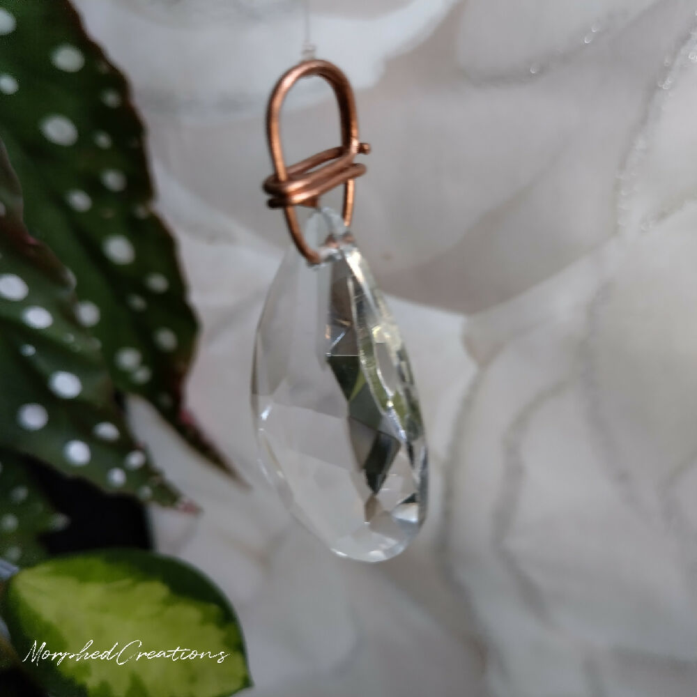 Woven Copper Wire Flower with Faceted Glass Pendant h