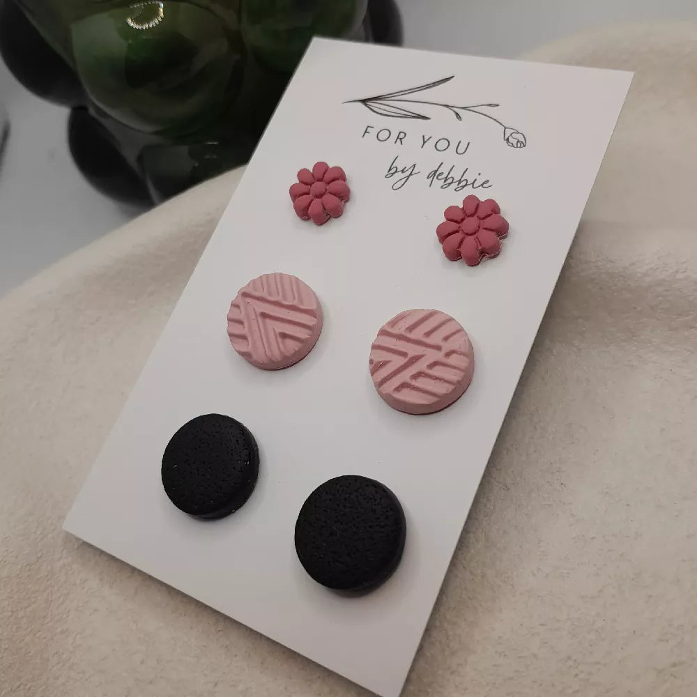 pink and black stud trio- polymer clay, hypoallergenic