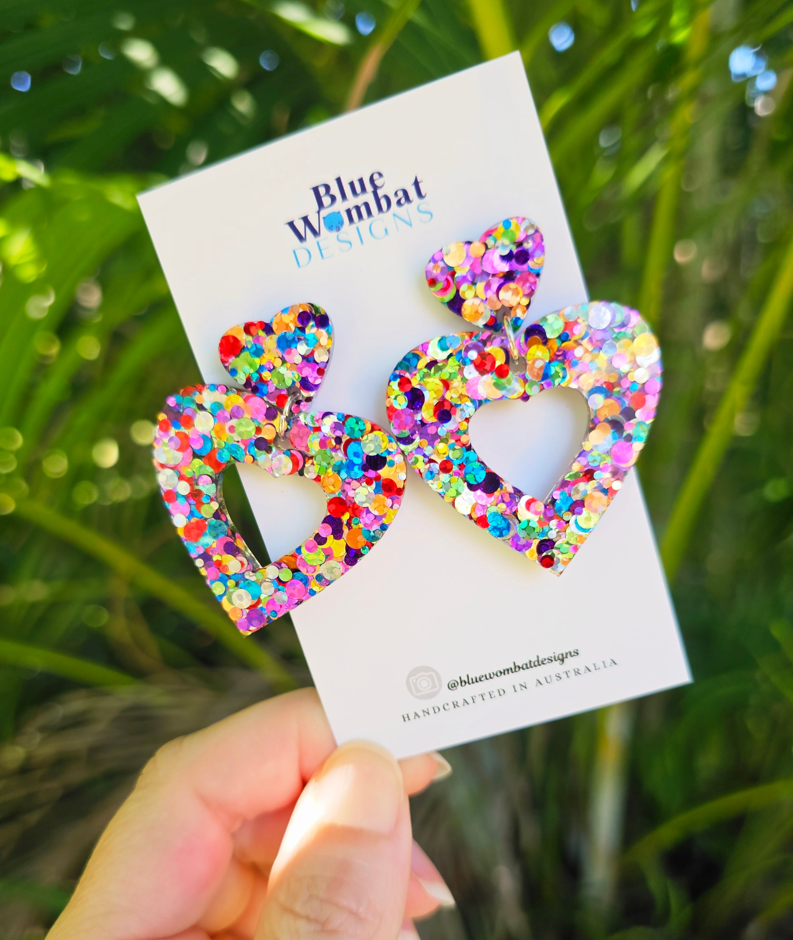 Love Heart Rainbow Glitter Resin Dangle Earrings