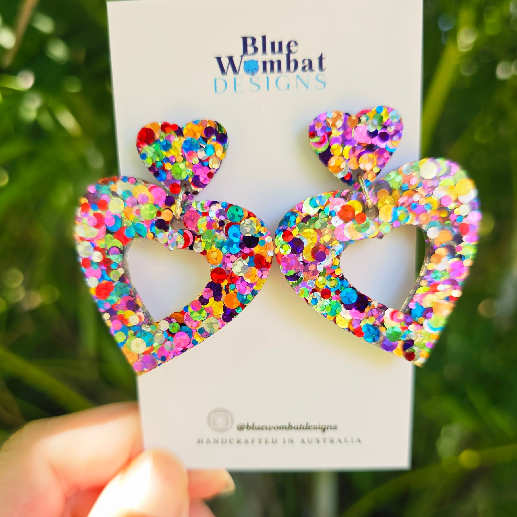 Love Heart Rainbow Glitter Resin Dangle Earrings
