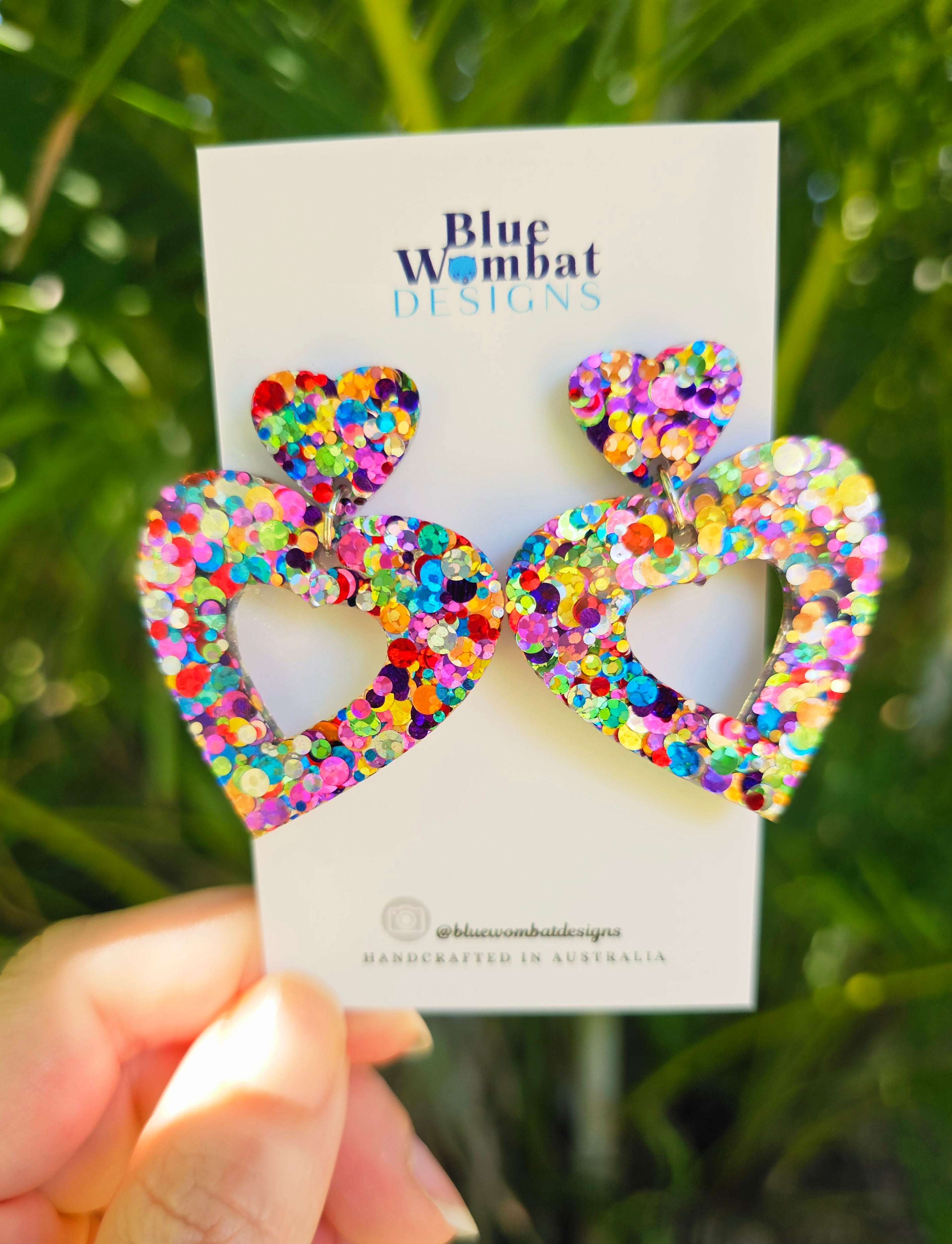 Love Heart Rainbow Glitter Resin Dangle Earrings