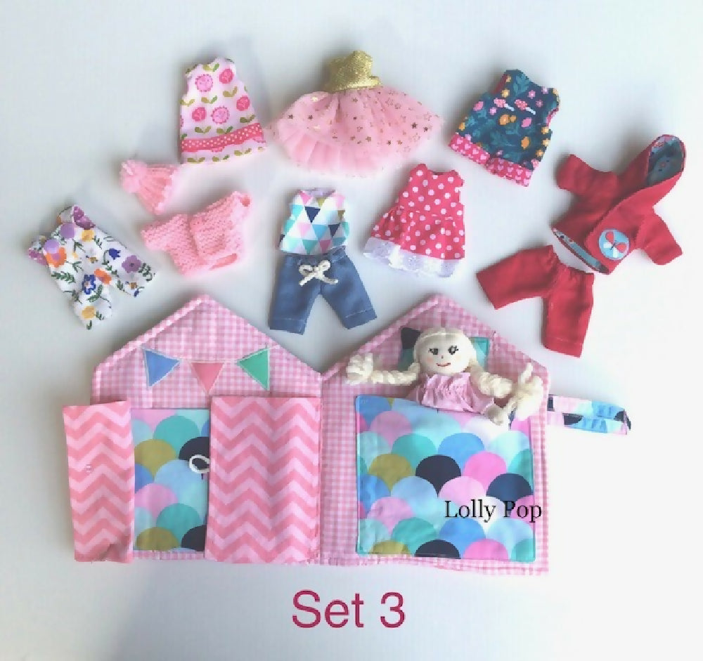 Lolly Pop Fabric Doll House with Doll and Clothing Wardrobe