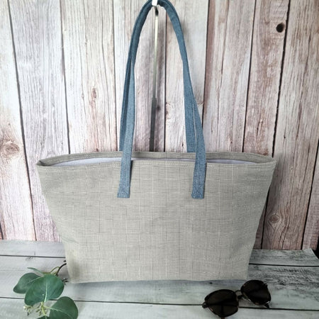 Handmade large shopping tote - neutral & denim blue