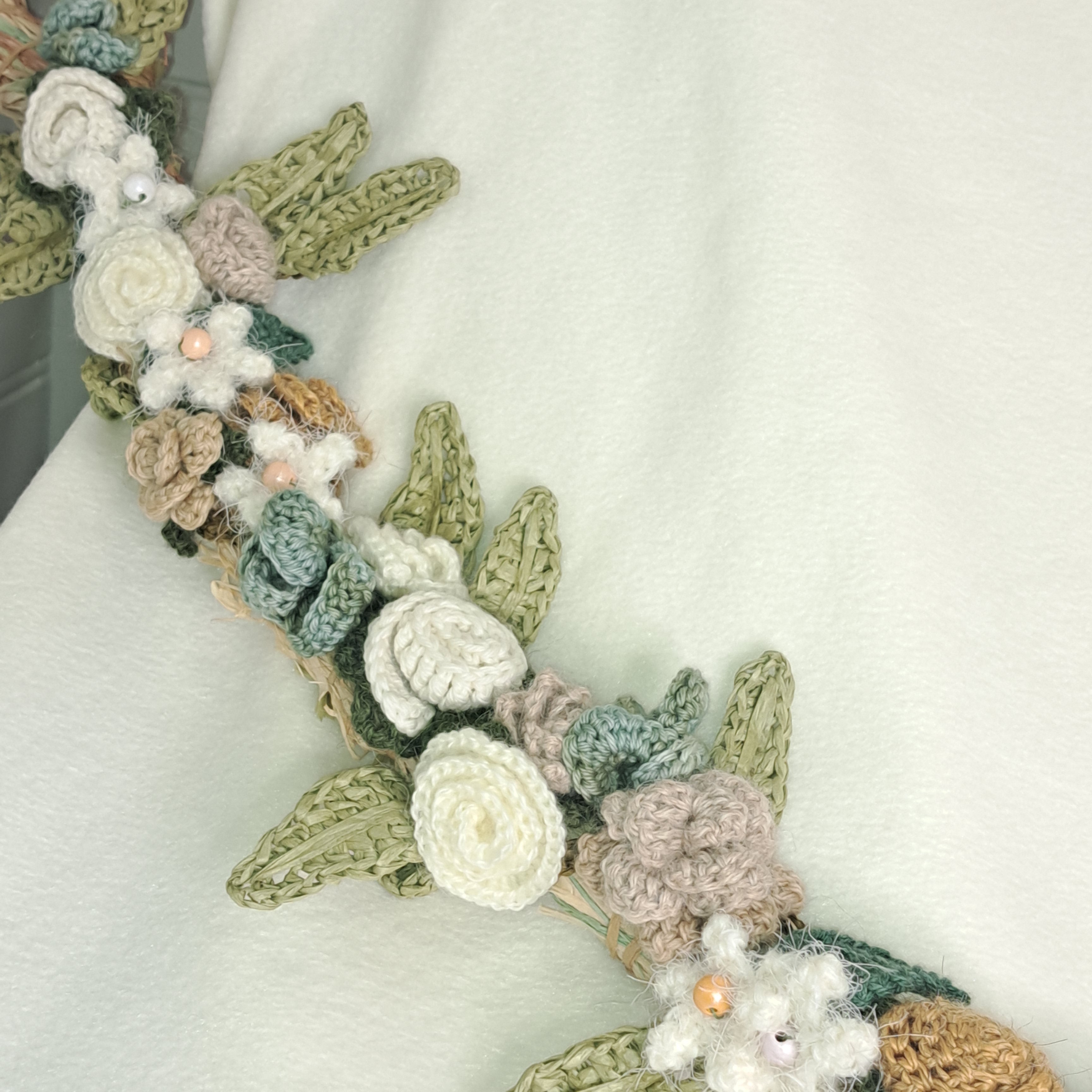 Handmade crochet Wedding Garland, roses, eucalyptus on raffia