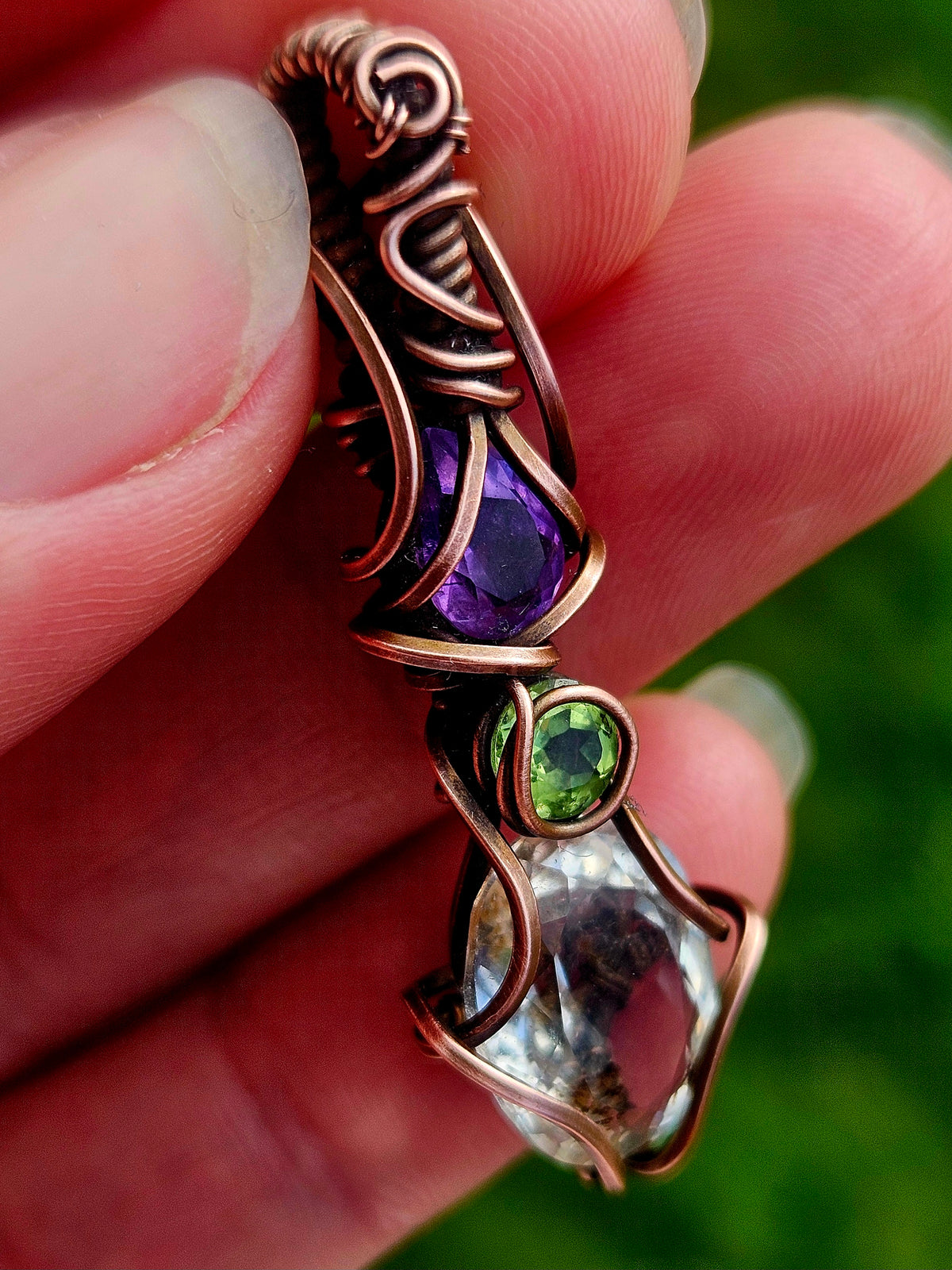 Amethyst, Peridot & Quartz Copper Wire-Wrapped Pendant