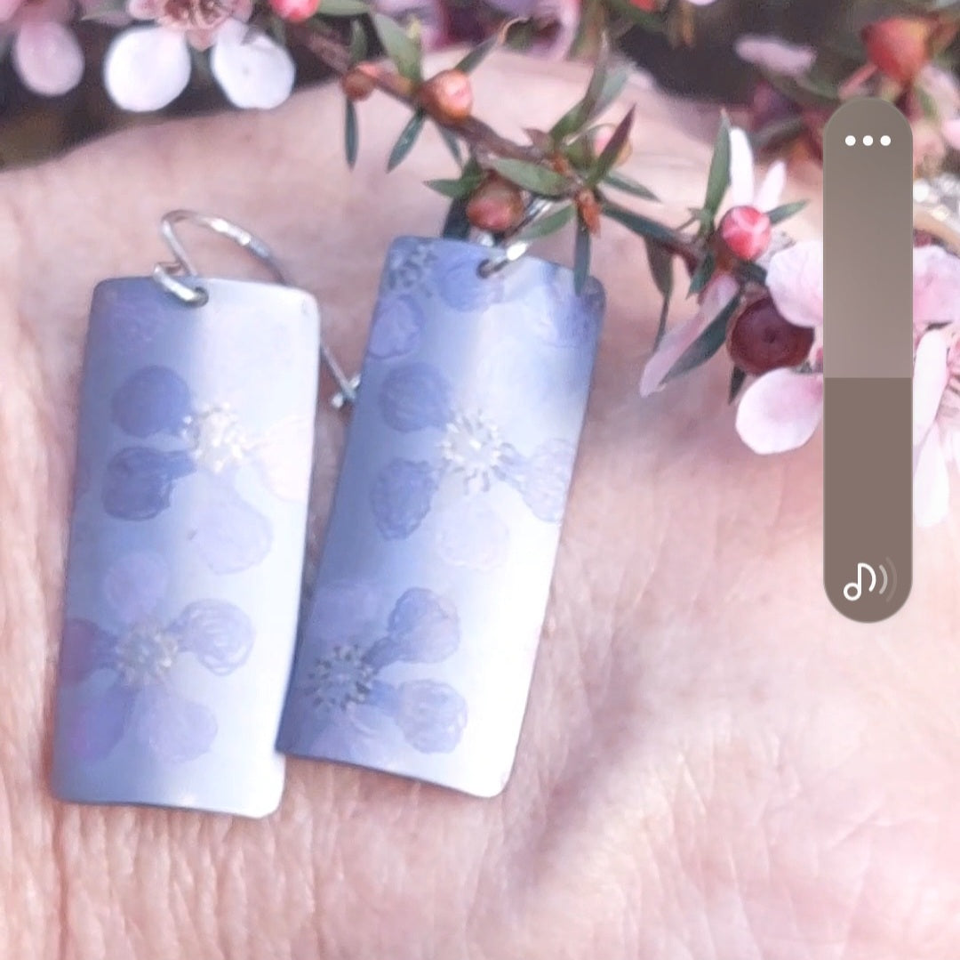 Titanium Dangles with Leptospernum Design- soft grey, pink and purple