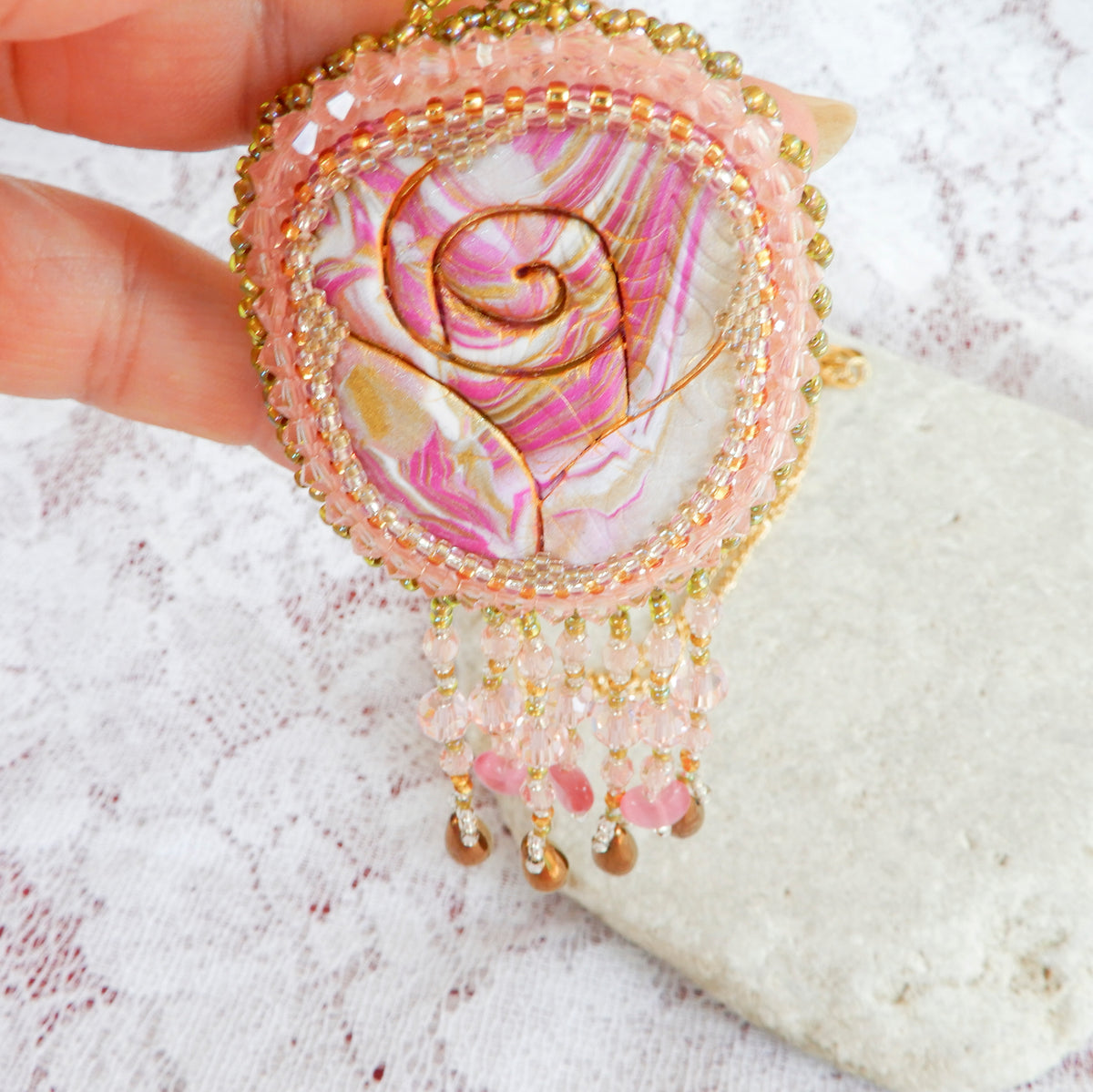 Bead Embroidered Polymer Clay Rose Pendant