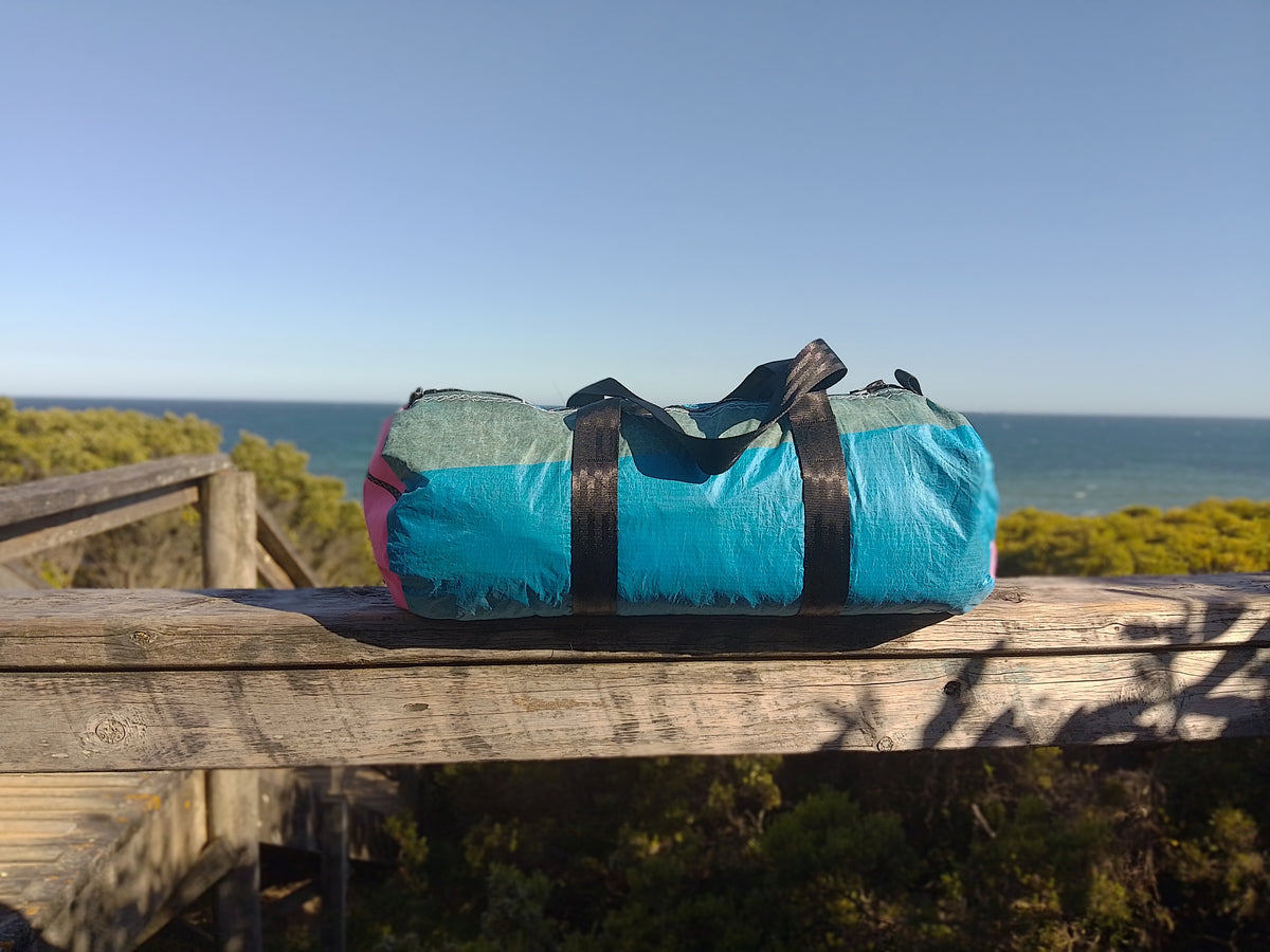 Upcycled Kite Duffle | Blue & Pink with End Zip Pocket