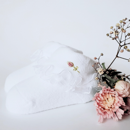 Baby Girl Hand Embroidered Socks, Party Socks, Organza Frilly Ruffle, Cotton Blend