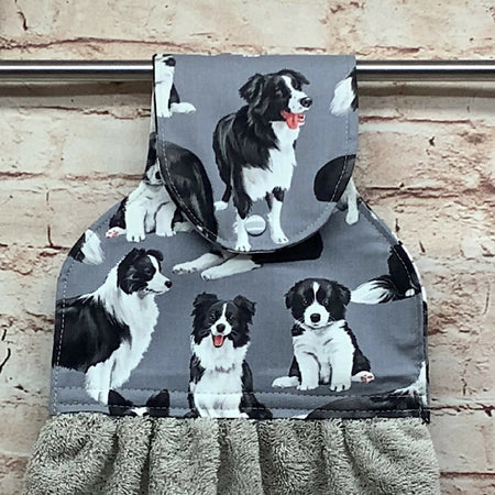 Border Collie Dogs hanging hand towel with fabric and loop top. - 2 Designs