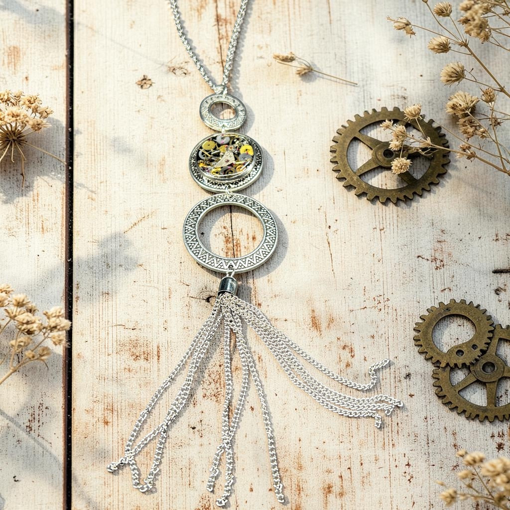 Steampunk watch parts Boho necklace (with tassel)