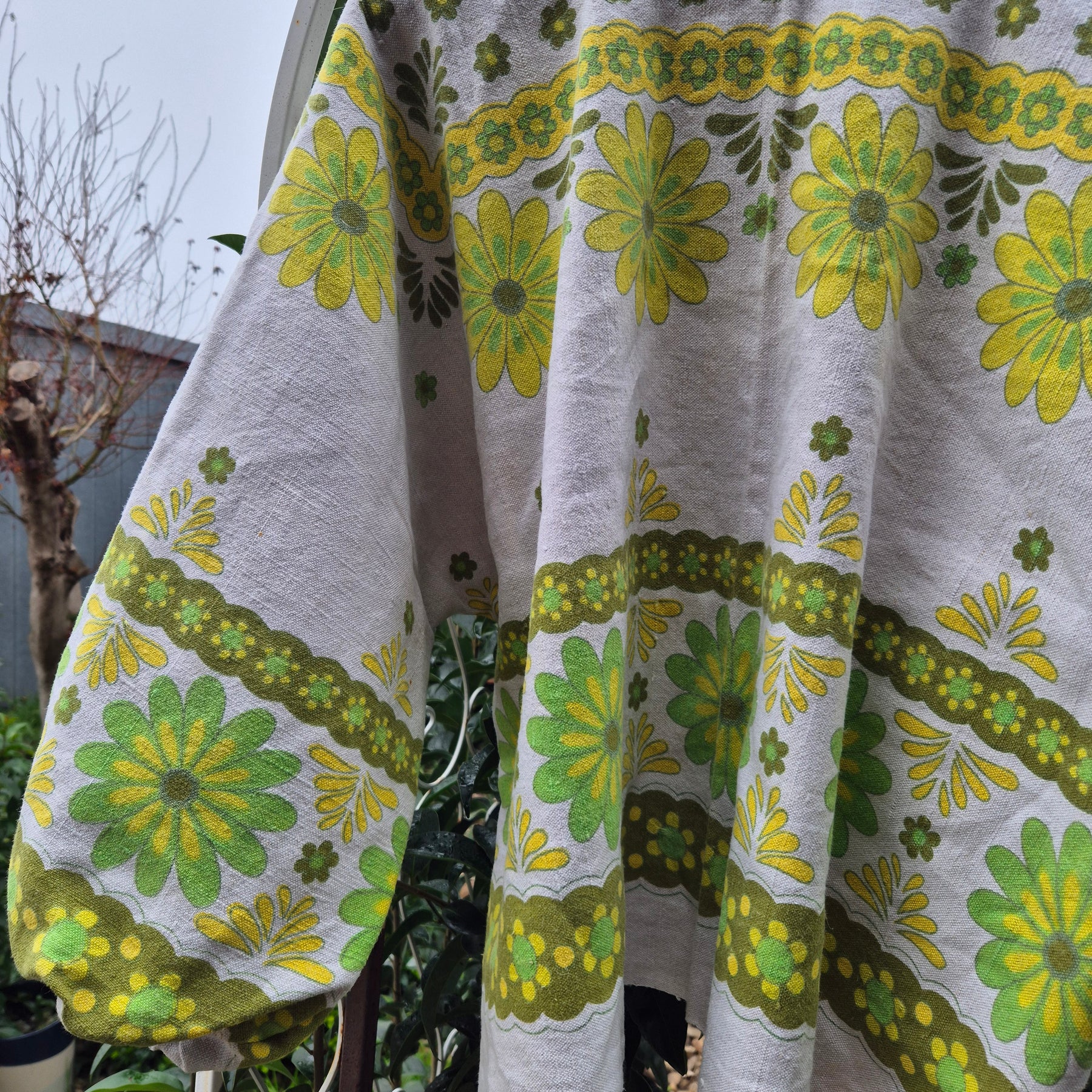 Upcycled Vintage Tablecloth top. Heavy linen