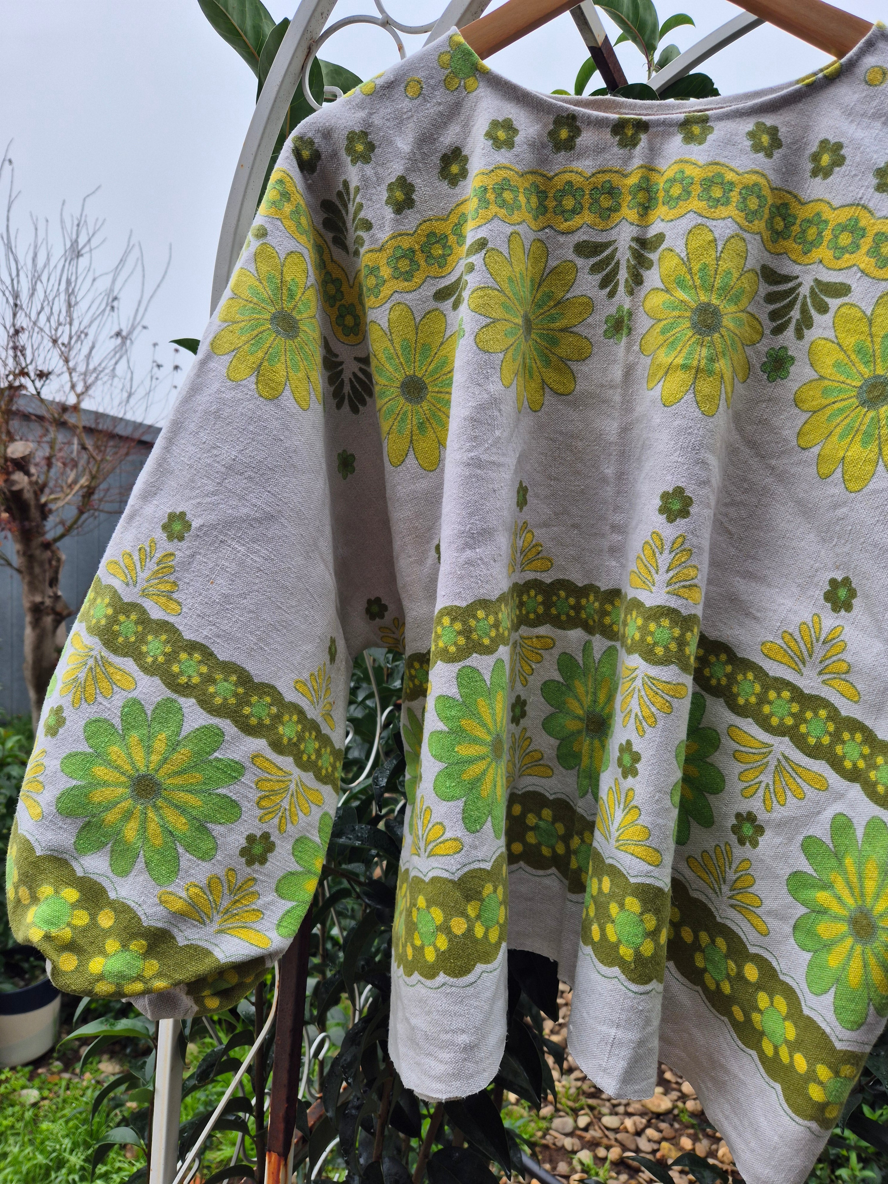 Upcycled Vintage Tablecloth top. Heavy linen