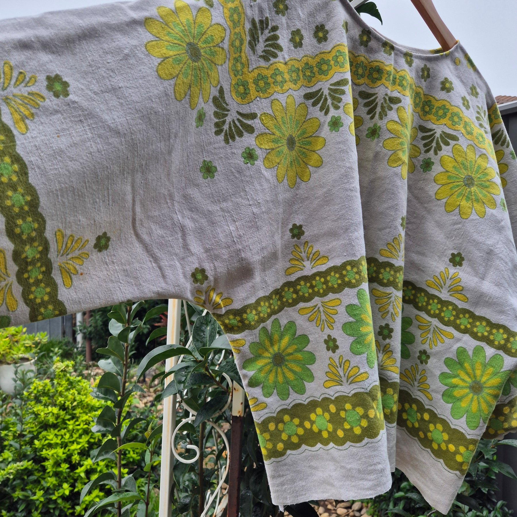 Upcycled Vintage Tablecloth top. Heavy linen