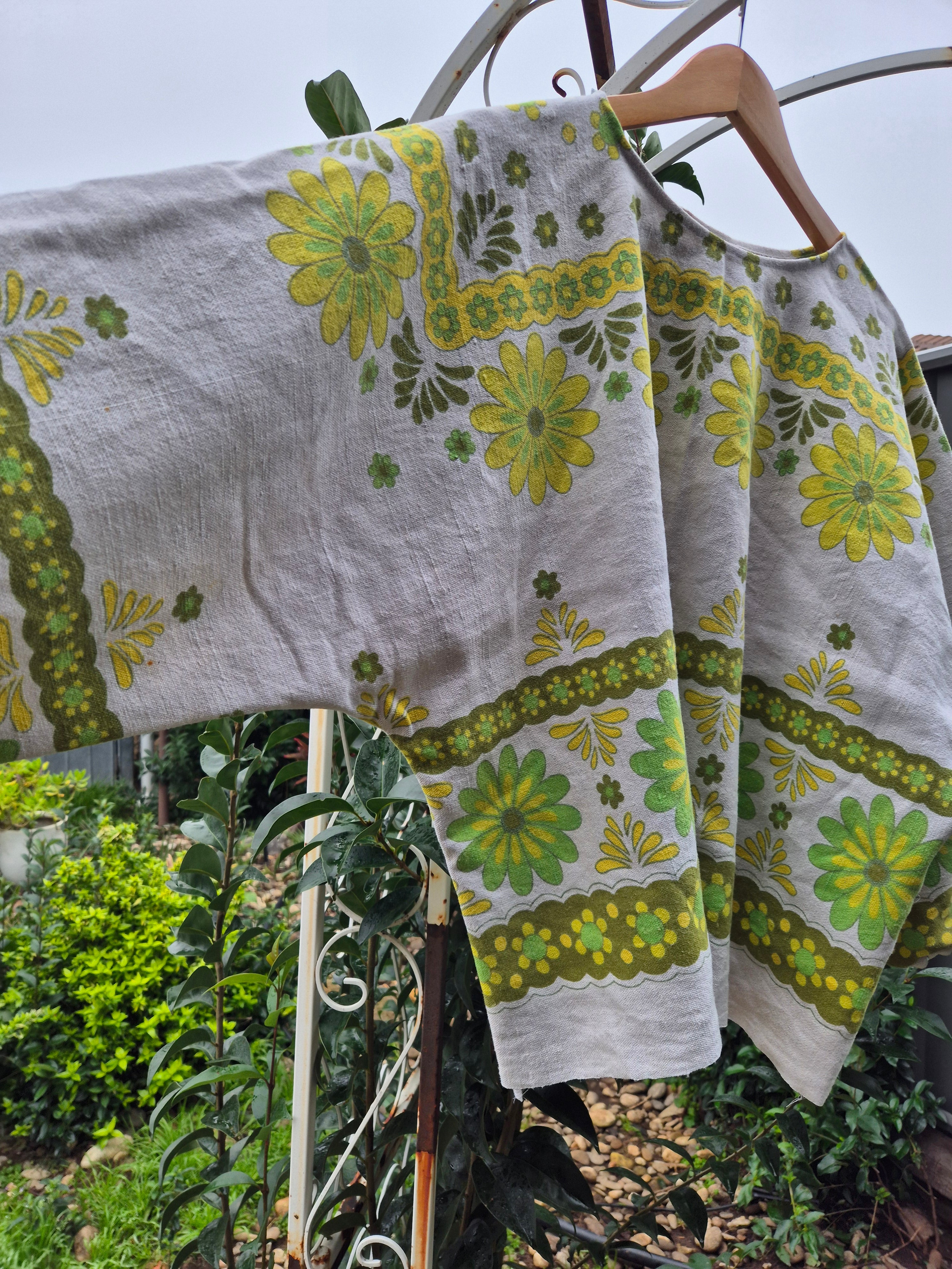 Upcycled Vintage Tablecloth top. Heavy linen
