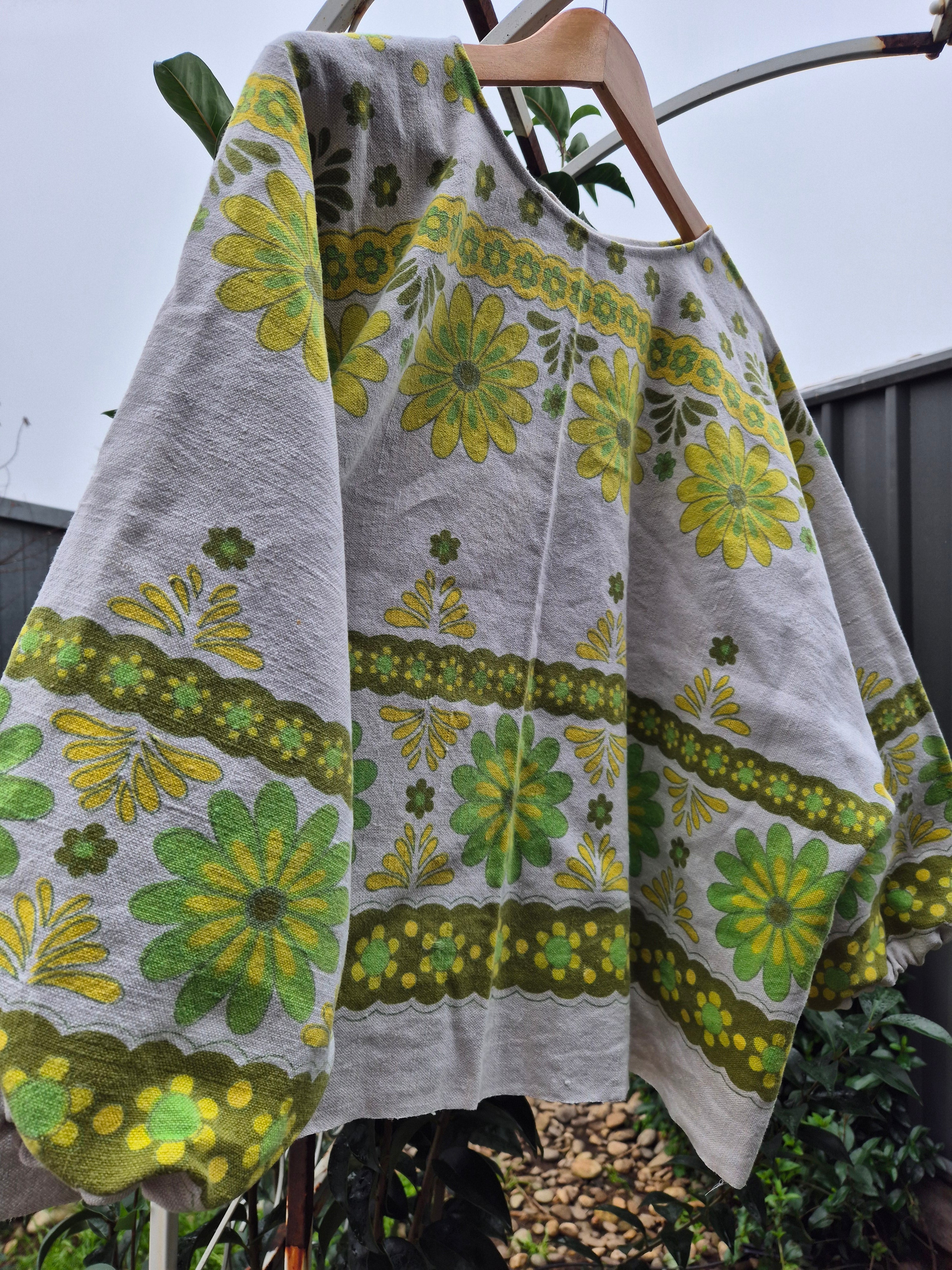 Upcycled Vintage Tablecloth top. Heavy linen