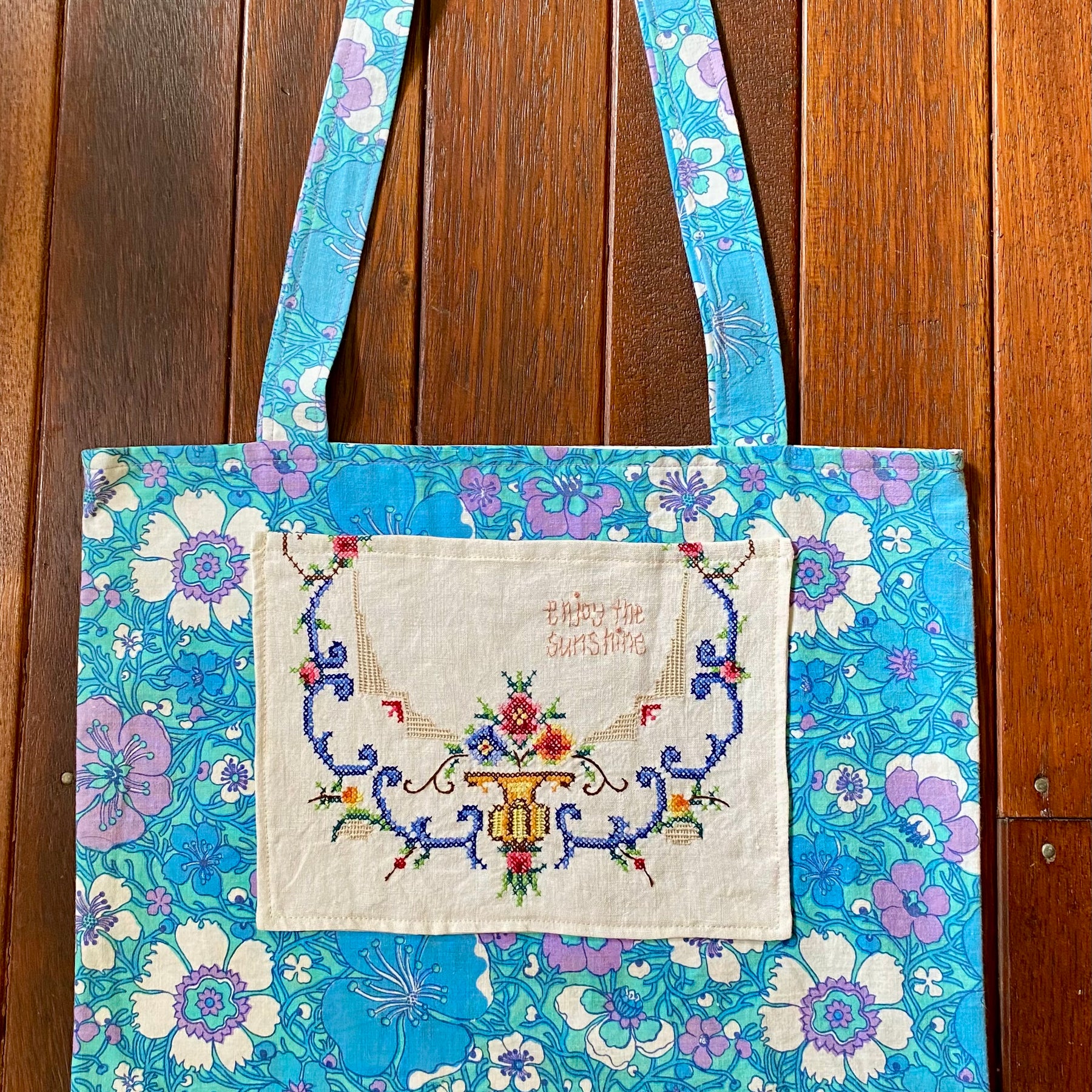 Vintage Doily Tote Bag - Embroidered Doily pocket - Blues
