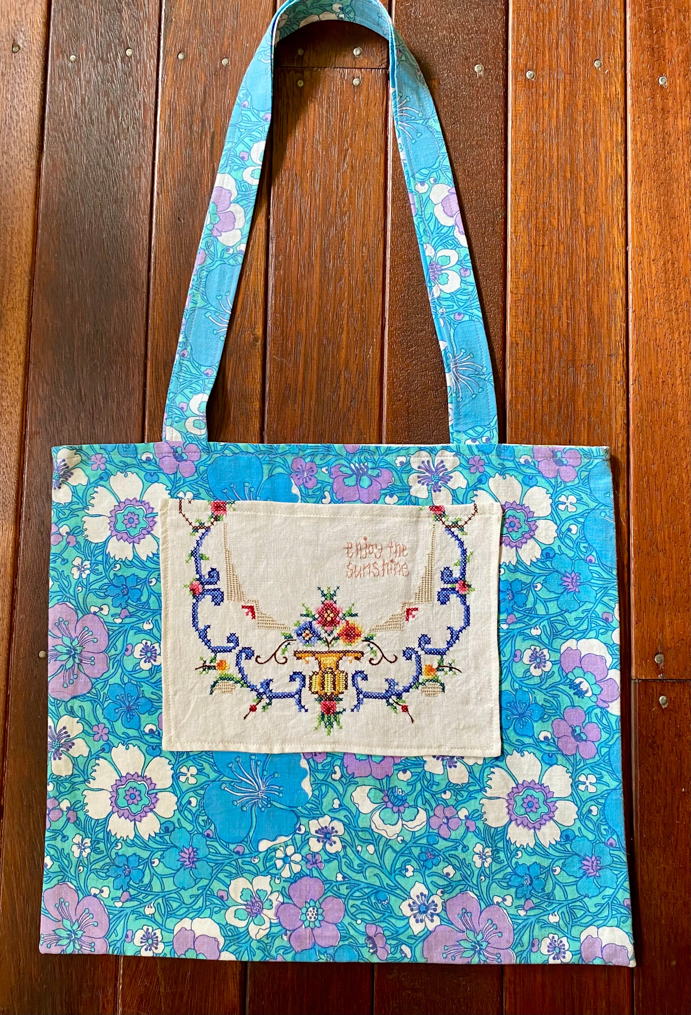 Vintage Doily Tote Bag - Embroidered Doily pocket - Blues