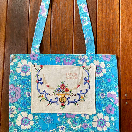 Vintage Doily Tote Bag - Embroidered Doily pocket - Blues