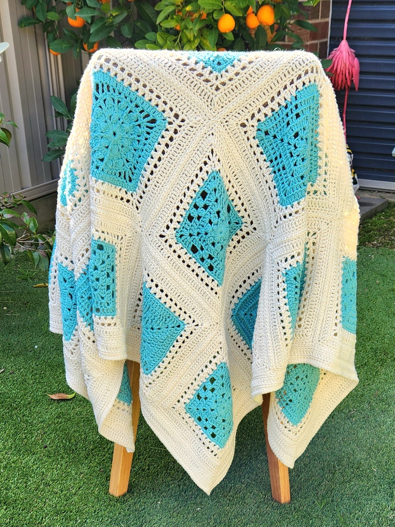 Crochet Cream/Teal Granny Square Throw