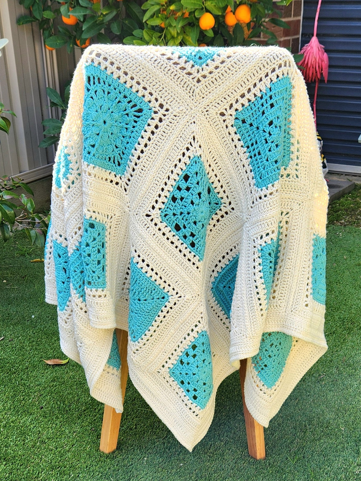 Crochet Cream/Teal Granny Square Throw